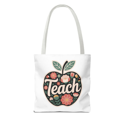 Floral Apple Tote Bag - Hand-Drawn Pastel-Colored Design with 'TEACH', showcasing a cheerful apple shape filled with pastel florals. Perfectly crafted for durability and style, ideal for educators and nature lovers.