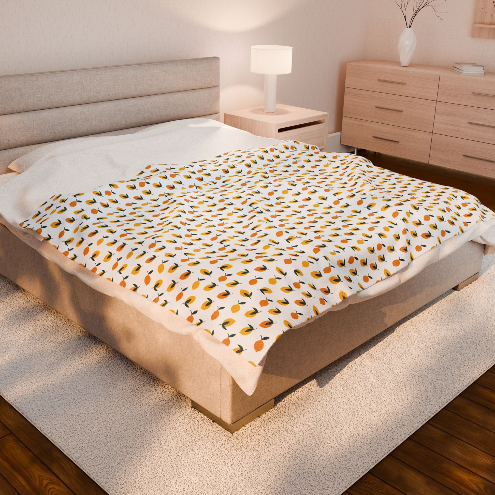 Velveteen Plush Blanket - Lemon Pattern; a vibrant, summery design perfect for cozy evenings or colorful home decor. Features durable craftsmanship and easy-care polyester, embodying FireBrook Designs' cheerful, practical aesthetic.