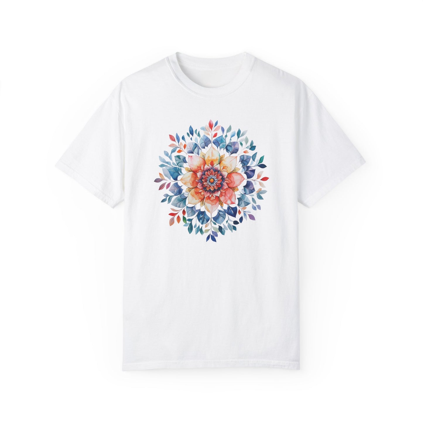 White unisex t-shirt featuring a detailed watercolor floral mandala design with shades of blue, orange, and pink. The intricate botanical pattern radiates from the center, creating a soft, artistic, and nature-inspired aesthetic