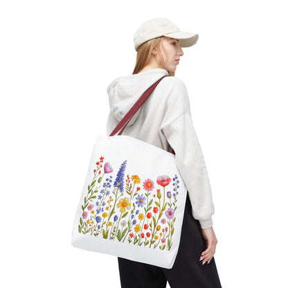 Wildflowers Tote Bag featuring vibrant wildflower designs, emphasizing a free-spirited, natural vibe. Ideal for nature enthusiasts, with durable polyester body, reinforced handles, and available in three sizes for versatile use.