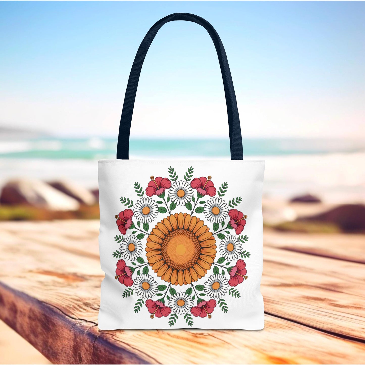 Mandala Sunflowers & Daisies Tote Bag featuring a boho-chic floral mandala design, perfect for summer outings. Durable white canvas with black handles, ideal for nature lovers and festival-goers.