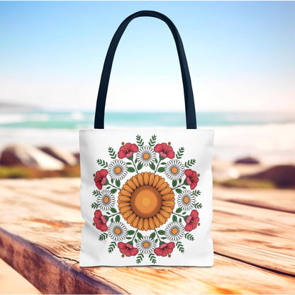 Mandala Sunflowers & Daisies Tote Bag featuring a boho-chic floral mandala design, perfect for summer outings. Durable white canvas with black handles, ideal for nature lovers and festival-goers.