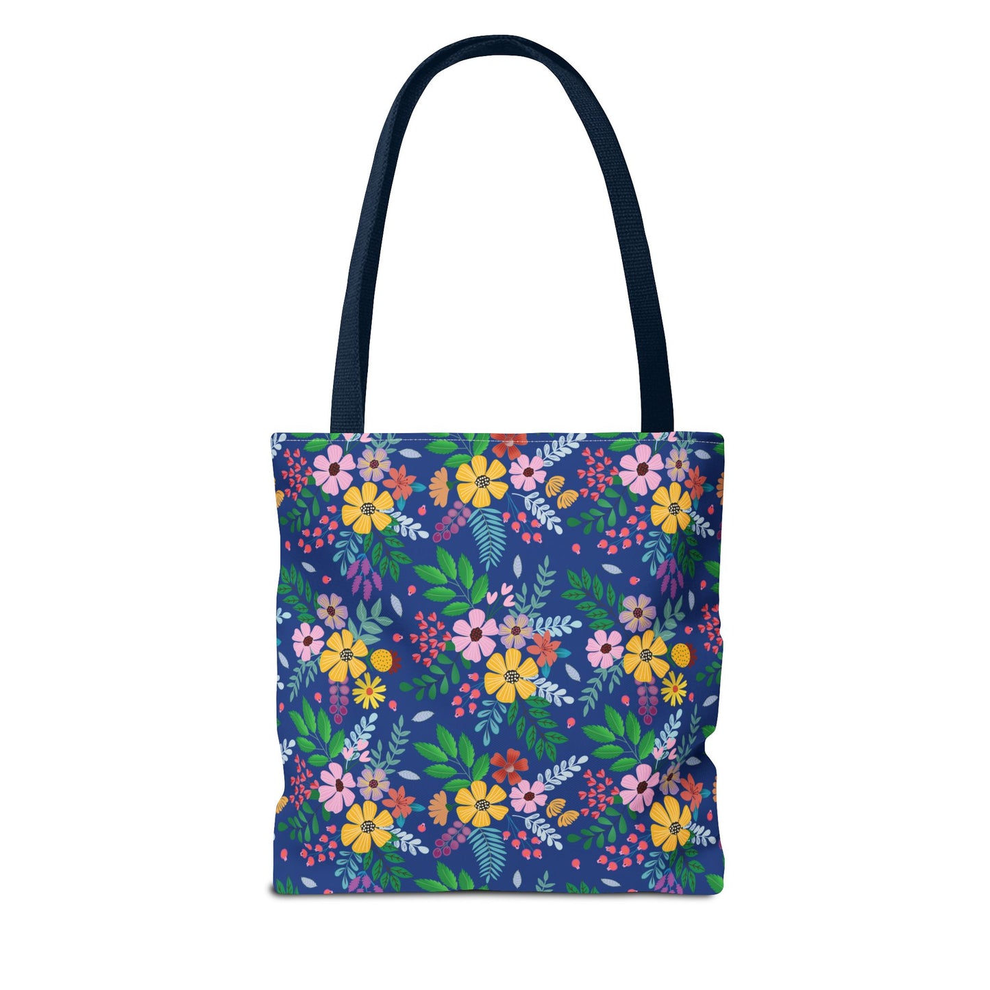 Deep Sea Floral Patch Tote Bag with dark-navy handles, adorned with vibrant floral patterns in yellow, pink, orange, and red, surrounded by green leaves, reflecting FireBrook Designs' joyful and uplifting style.