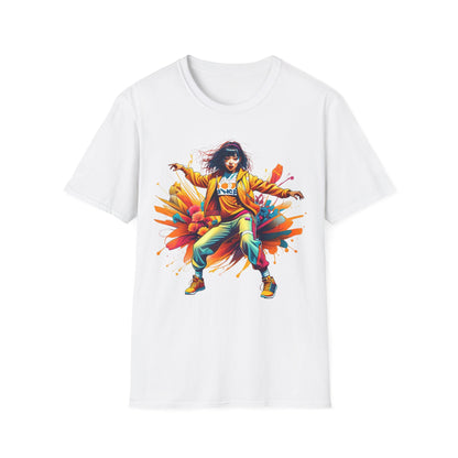 Hip Hop Movement Gildan Unisex T-Shirt featuring a vibrant design of a woman dancing, capturing energy and creativity, perfect for music lovers and trendsetters seeking stylish, comfortable apparel.