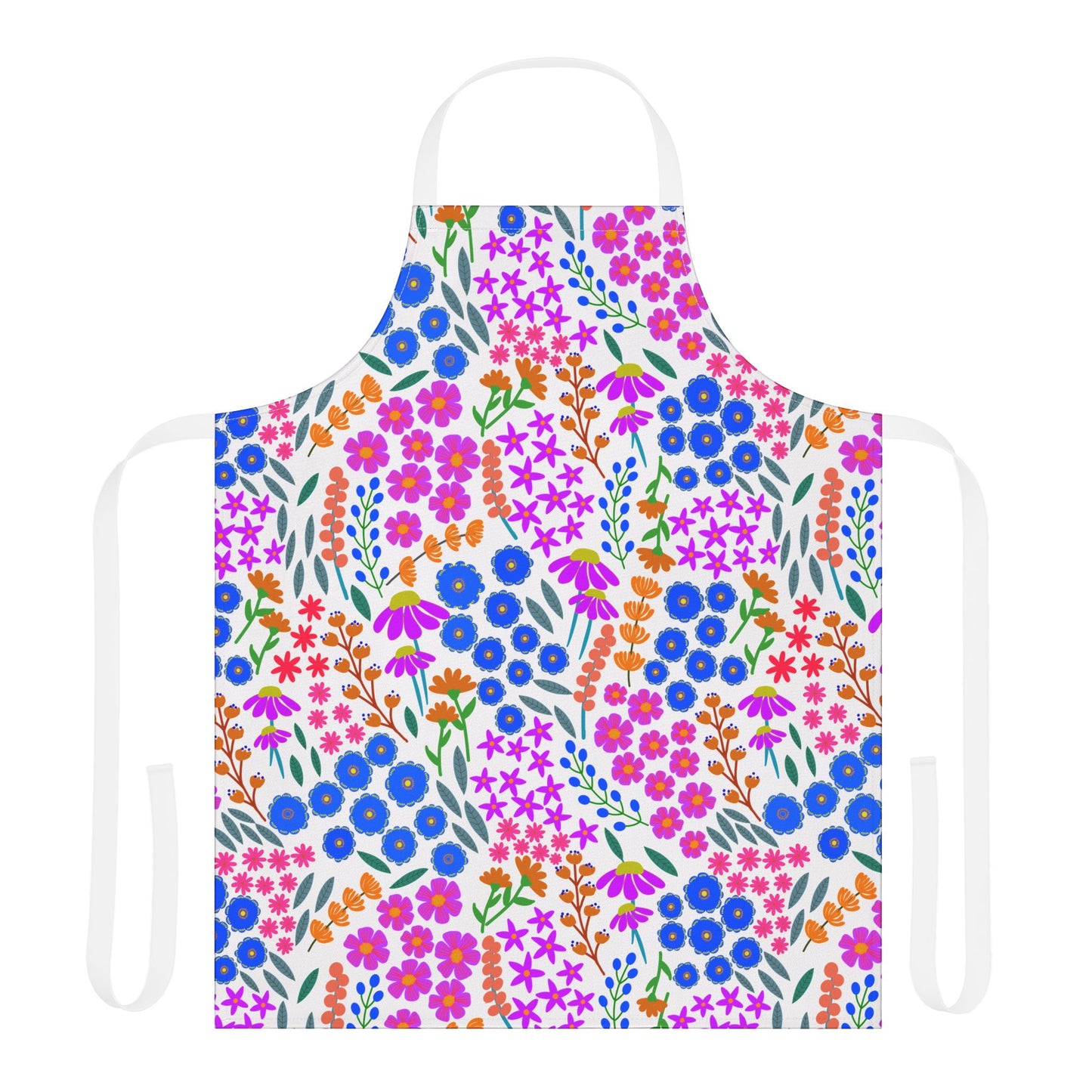 Floral Apron featuring a vibrant pattern of stylized blossoms on a polyester canvas, designed for comfort and stain resistance, ideal for cooking or crafting, from FireBrook Designs' uplifting collection.