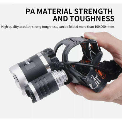LED Head Torch Headlamp Light Band Rechargeable Headlight with durable, super-flexible nylon bracket, demonstrating toughness. Features twin-LEDs, adjustable strap, 30000 lumens, and four lighting modes for versatile use.