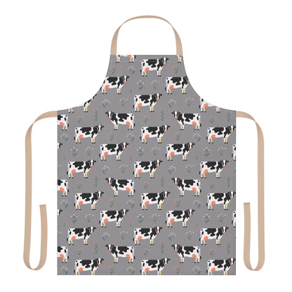 Apron Dairy Cows Pattern showcasing Holstein dairy cows, ideal for cooking or crafting. Features a farm-inspired design, polyester canvas, tie-back closure, and is stain-resistant for easy kitchen and outdoor use.