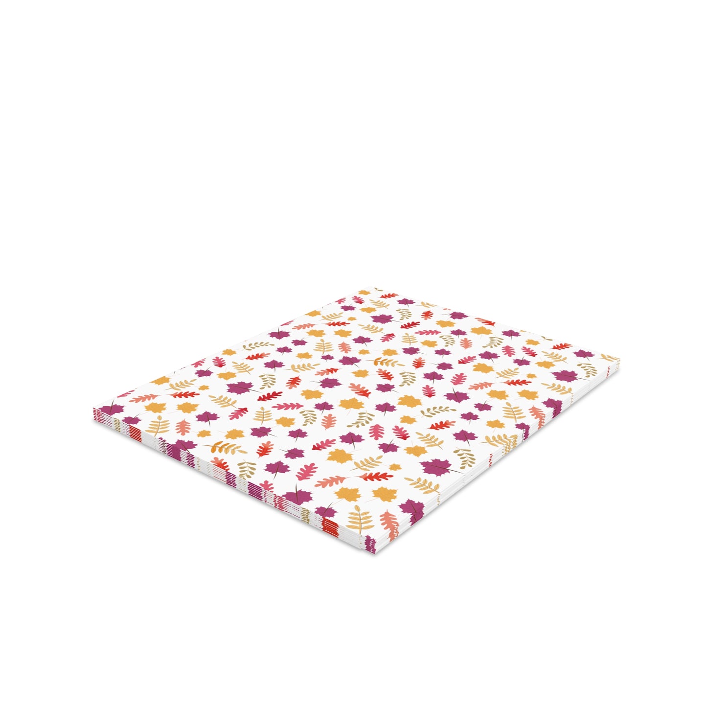 Autumn Greeting Cards — Pack of 8/16/24, featuring vibrant autumn-leaf motifs in orange, red, yellow, and purple. Perfect for sending gratitude or messages, each card includes a matching white envelope.