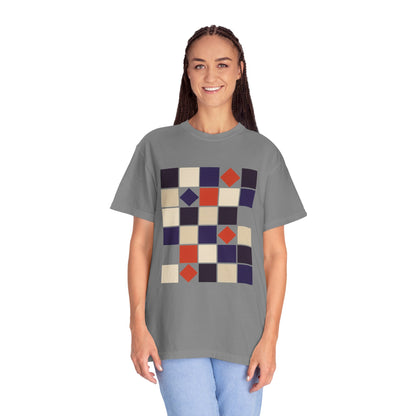 Square Grid Abstract in Monochrome Palette T-Shirt showcasing a grid of precisely aligned squares with 45° rotations, offering a modern, stylish look ideal for art enthusiasts and fashion-forward individuals.