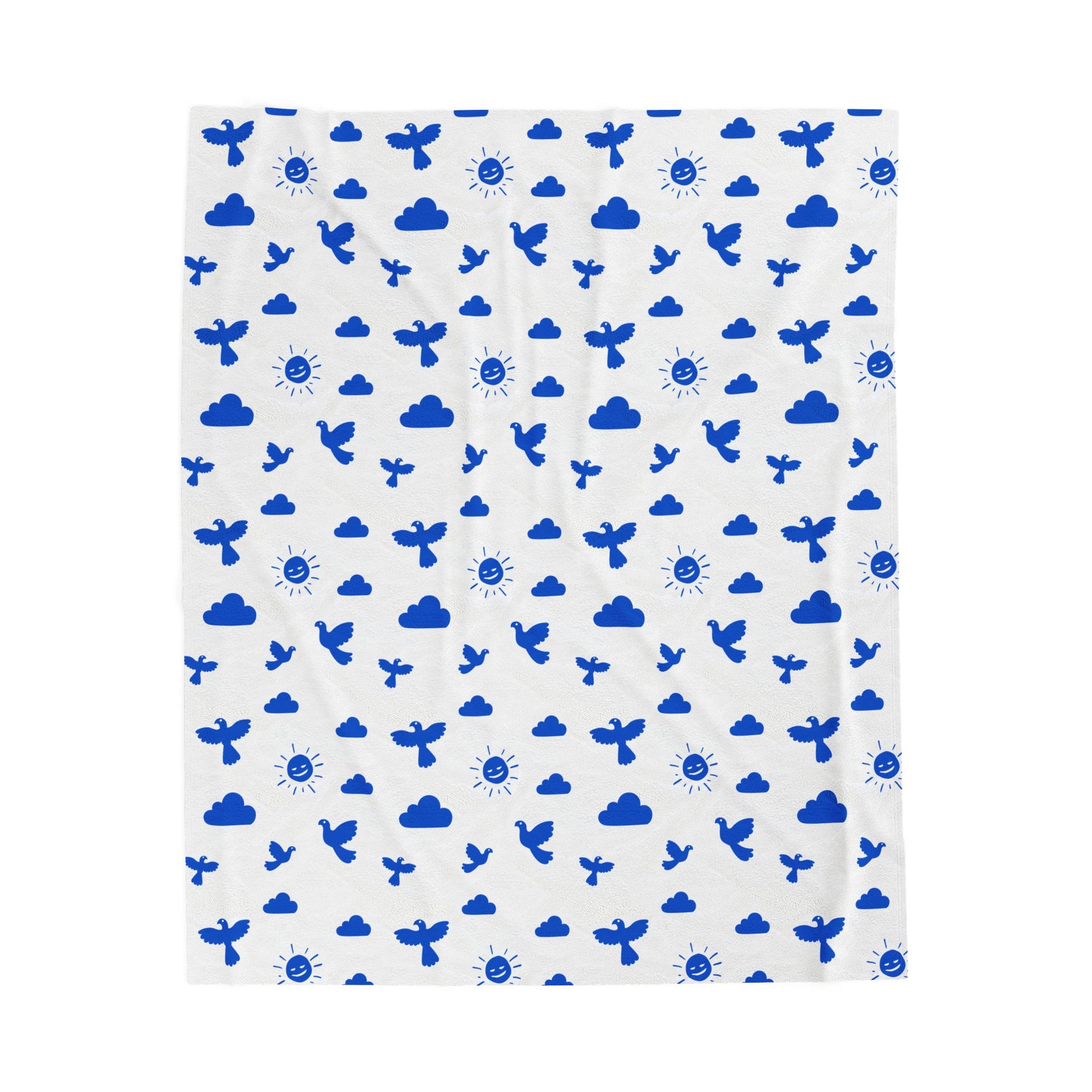 Blue Sky Velveteen Plush Blanket featuring blue birds and cloud designs, offering a cozy and stylish addition to any home decor, perfect for snuggling or gifting.