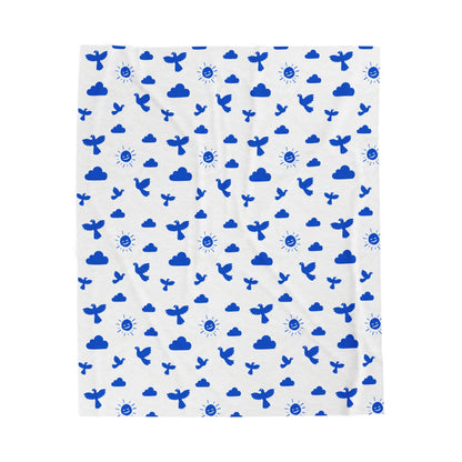 Blue Sky Velveteen Plush Blanket featuring blue birds and cloud designs, offering a cozy and stylish addition to any home decor, perfect for snuggling or gifting.