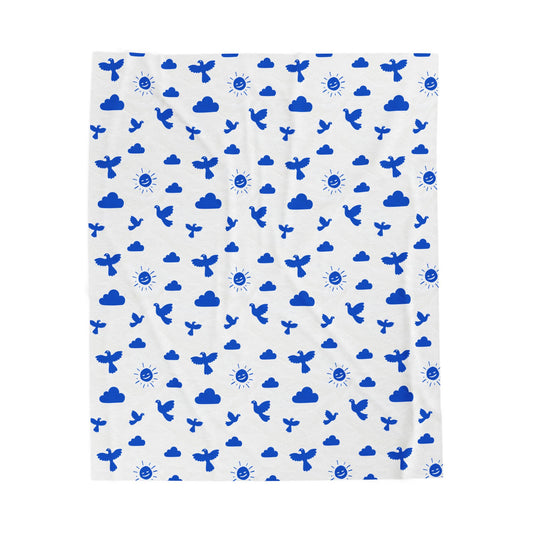 Blue Sky Velveteen Plush Blanket featuring blue birds and cloud designs, offering a cozy and stylish addition to any home decor, perfect for snuggling or gifting.