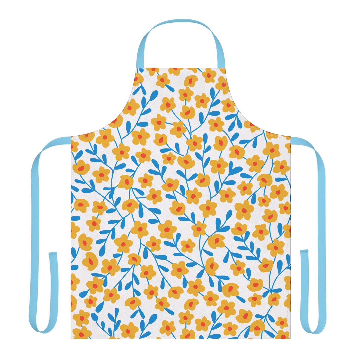 Floral Apron featuring vibrant yellow flowers with red centers and blue stems on white, light-blue neck loop and waist ties. Made of stain-free polyester canvas, offering comfort and style for cooking or crafting.