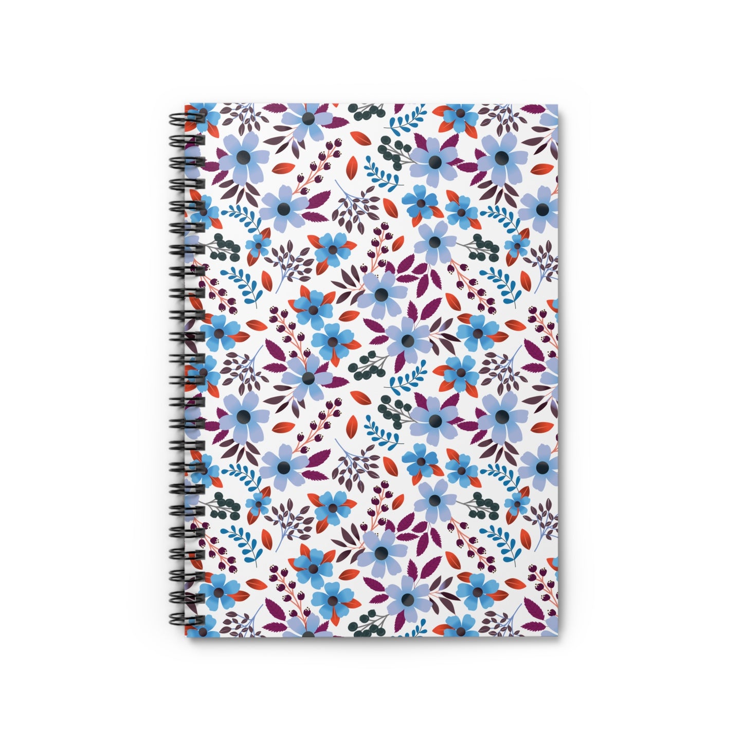 Floral Spiral Notebook with a vibrant pattern of stylized blue, purple, and red-orange flowers on a white background. Ideal for organizing thoughts, this compact notebook features durable metal spiral binding.
