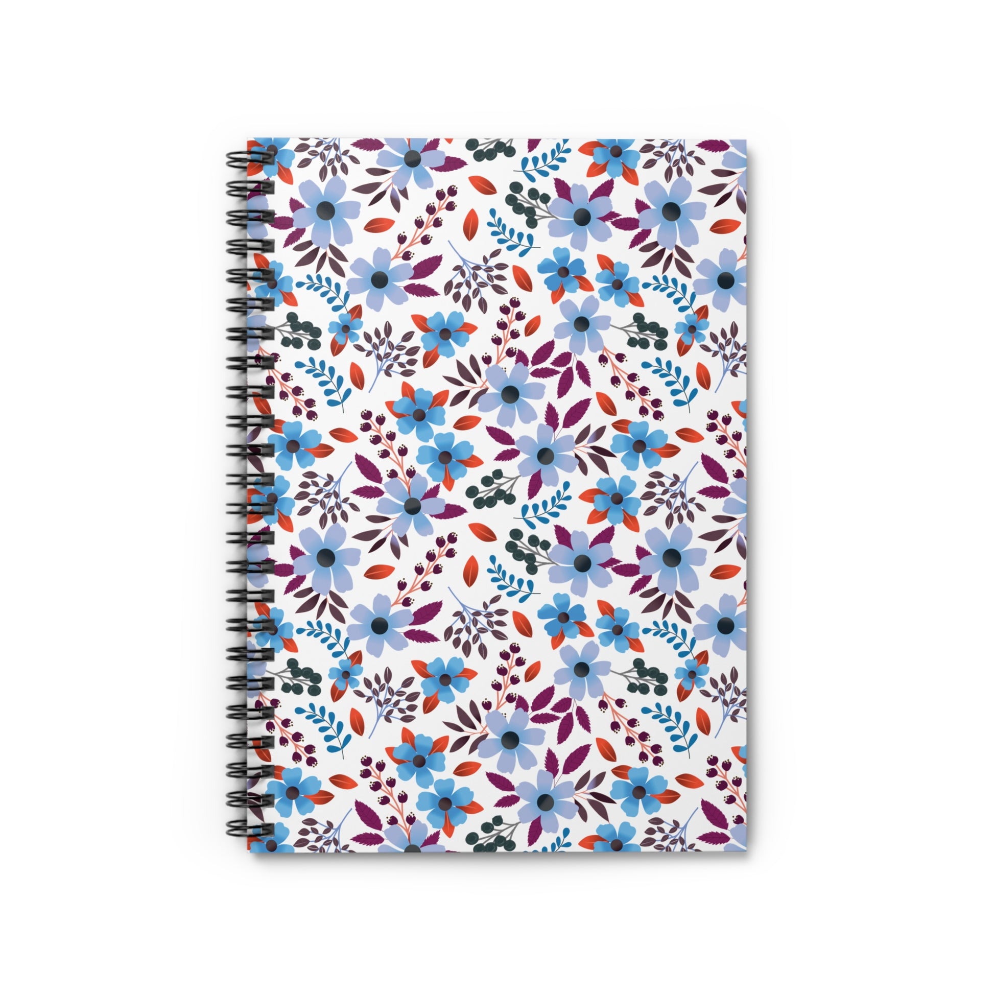 Floral Spiral Notebook with a vibrant pattern of stylized blue, purple, and red-orange flowers on a white background. Ideal for organizing thoughts, this compact notebook features durable metal spiral binding.