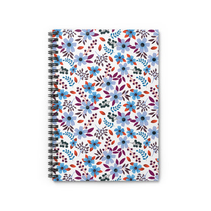 Floral Spiral Notebook with a vibrant pattern of stylized blue, purple, and red-orange flowers on a white background. Ideal for organizing thoughts, this compact notebook features durable metal spiral binding.