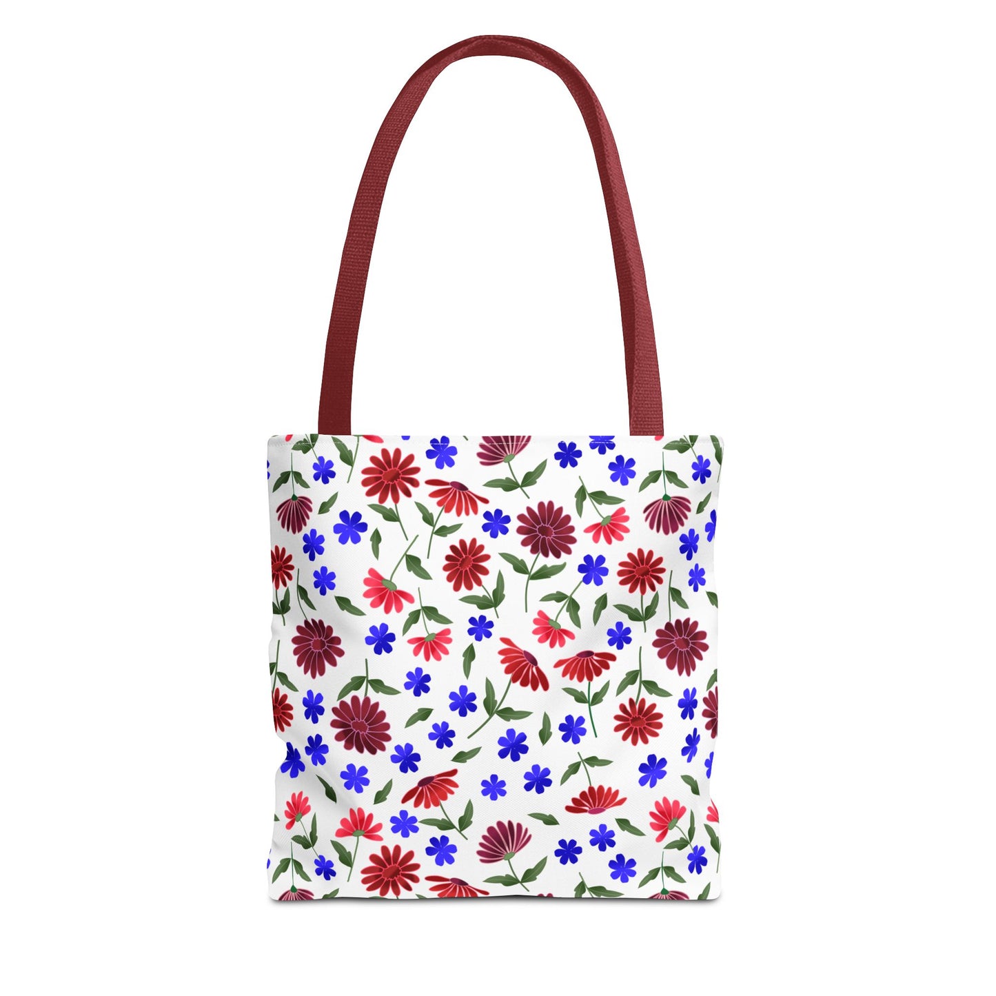 Floral Pattern Tote Bag — Red & Blue Wildflower All-Over Print features a white body with vibrant daisies and blue blooms. Burgundy-red handles add charm, perfect for joyful, everyday use from FireBrook Designs.