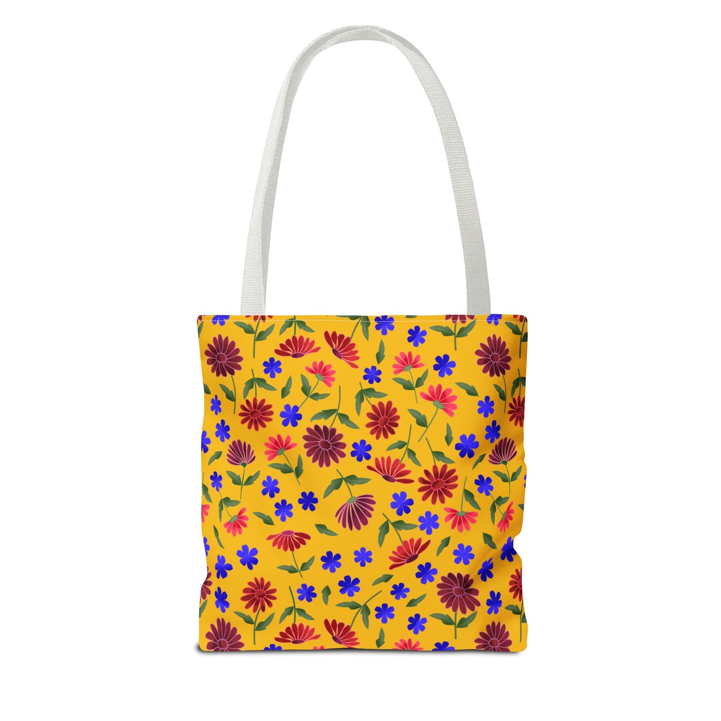Golden Wildflower Tote Bag, featuring vibrant red and burgundy daisies, blue blossoms, and green foliage on a warm golden-yellow canvas, with durable white webbing handles, perfect for everyday errands.