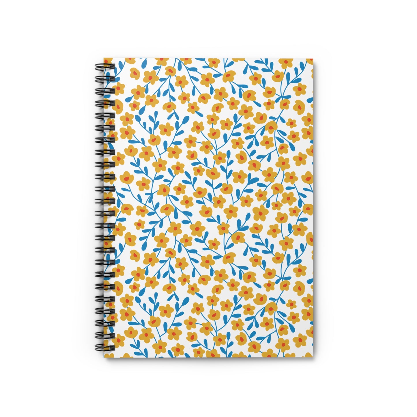 Floral Spiral Notebook with a white cover features a golden-yellow floral pattern with red centers and blue stems, offering a creative, eco-friendly design for note-taking or journaling.