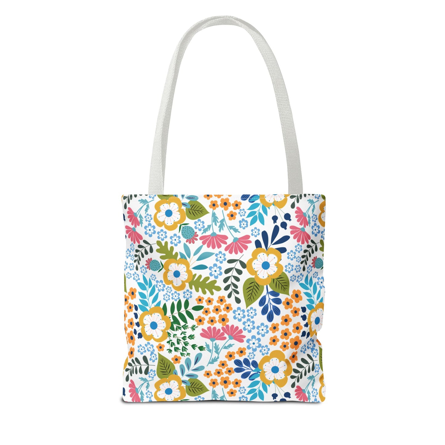 Floral Tote Bag featuring a vibrant floral pattern with daisies and assorted blooms, white handles, designed for summer outings. Durable polyester body, reinforced stitching, spacious with boxed corners; perfect for joyful, stylish use.