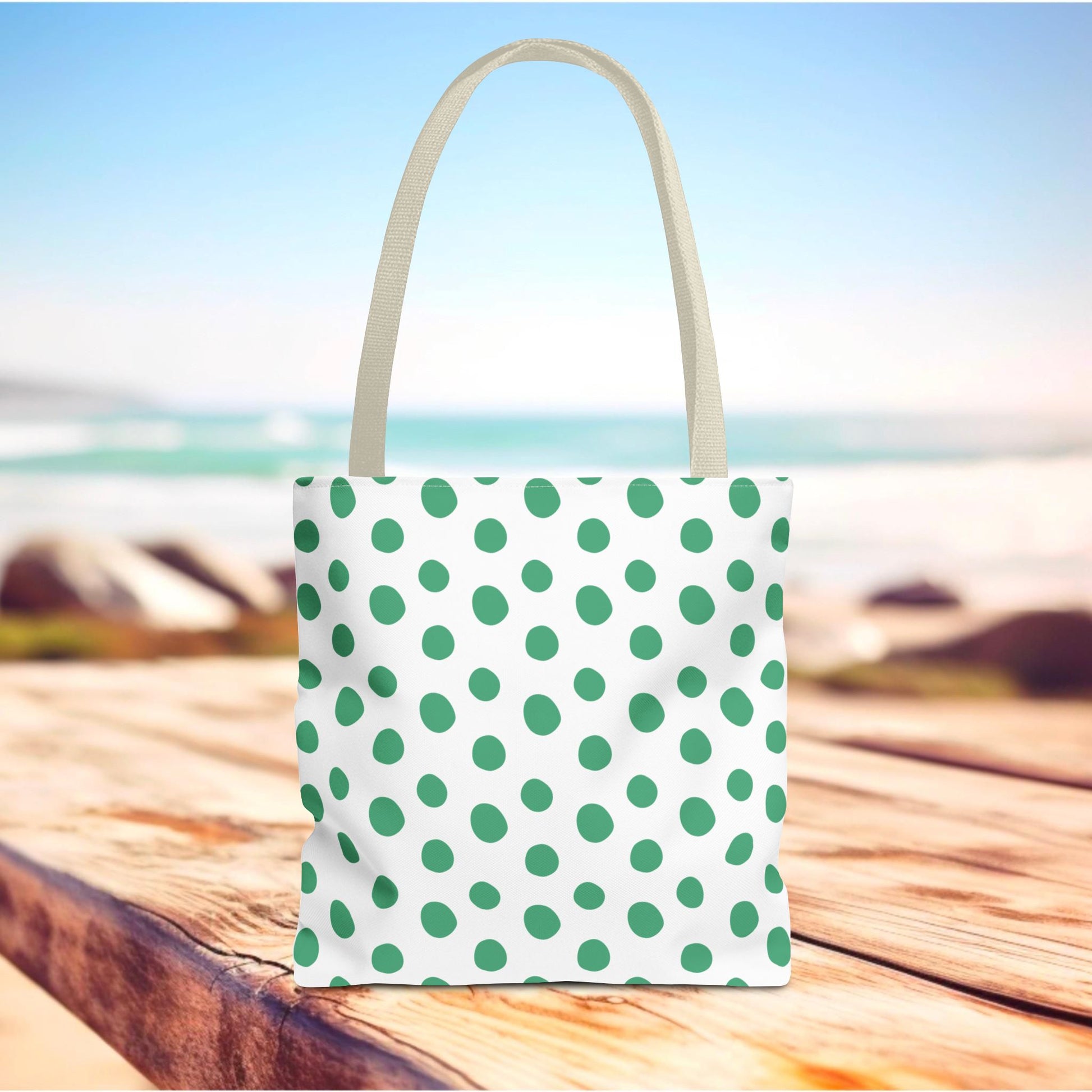 Green Polka Dots Tote Bag featuring vibrant green dots on a durable white polyester fabric, perfect for adding cheer to everyday outings. Ideal for casual gatherings, it embodies FireBrook Essentials' joyful and stylish design ethos.