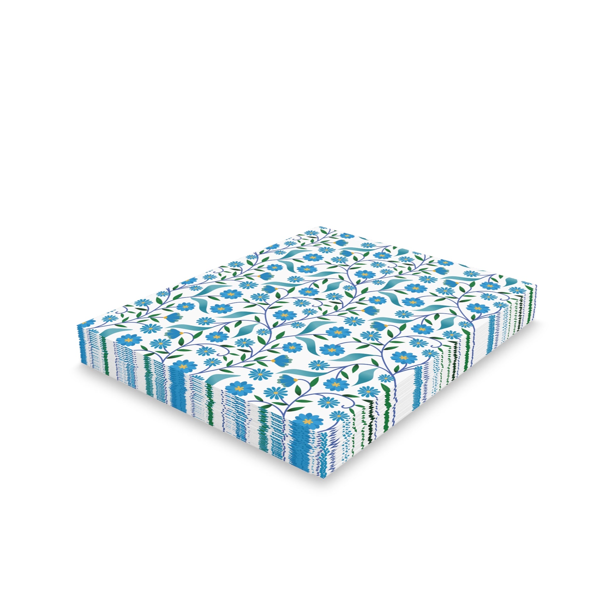 Floral Greeting Cards — Pack of 8/16/24, featuring a vibrant blue-and-green floral pattern on white, neatly stacked. These cards embody cheerful elegance, ready to convey gratitude or celebration with matching envelopes.