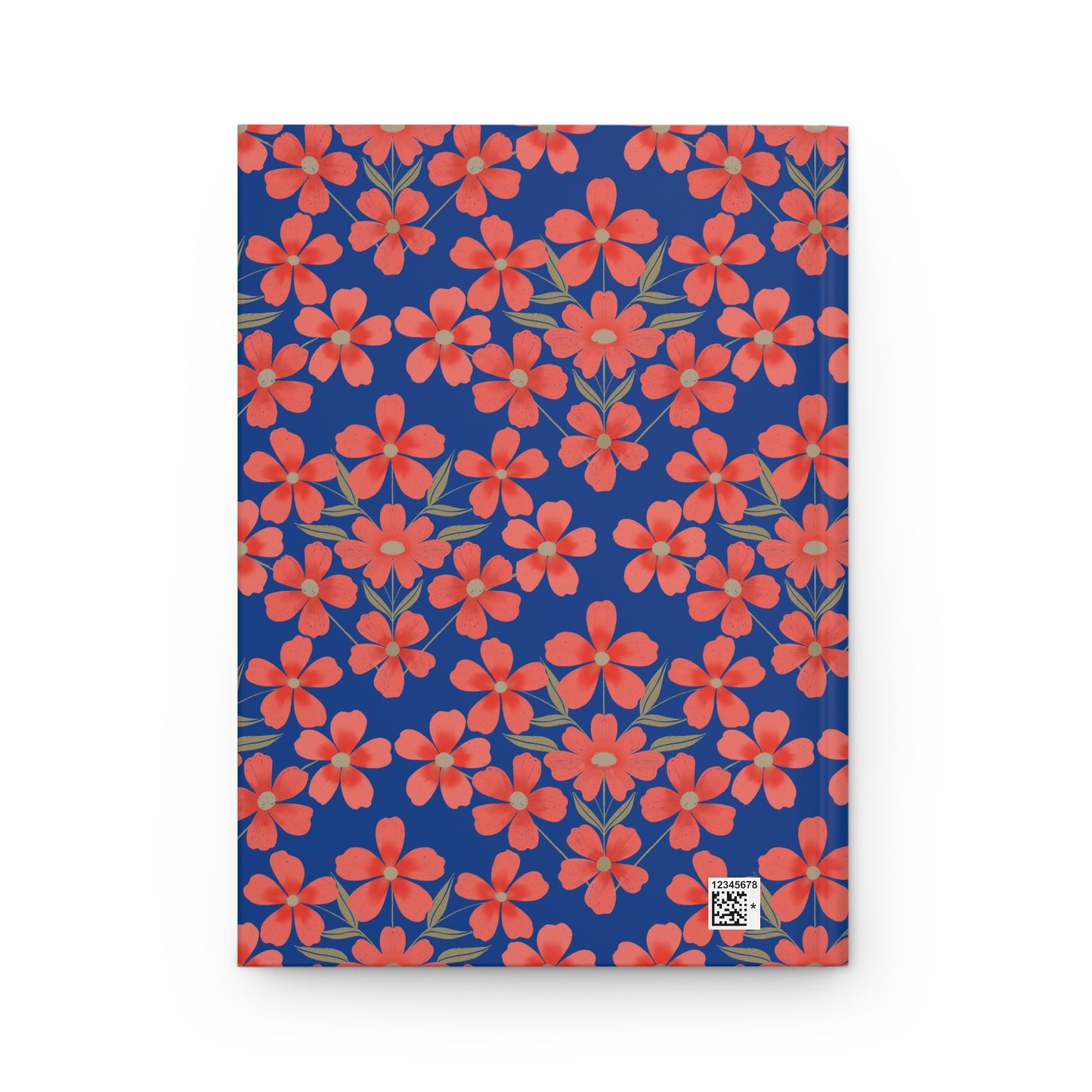 HARDCOVER JOURNAL, MATTE, RULES, 5X7, SEWN BIND, CLEAN-TEAR PAGES; features a navy-blue cover with coral-red floral pattern, small barcode in corner. Designed for durability and ease by FireBrook Essentials.