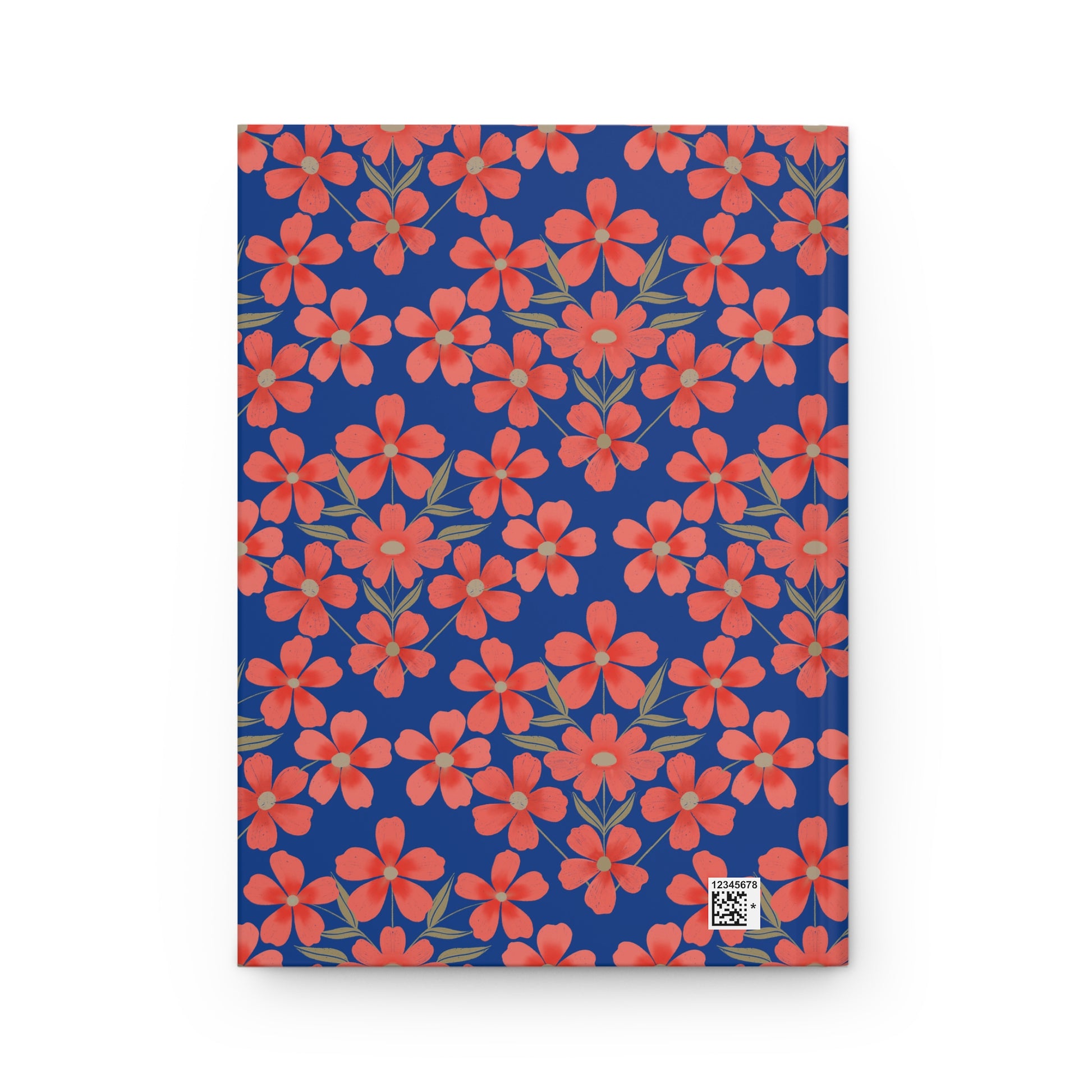 HARDCOVER JOURNAL, MATTE, RULES, 5X7, SEWN BIND, CLEAN-TEAR PAGES; features a navy-blue cover with coral-red floral pattern, small barcode in corner. Designed for durability and ease by FireBrook Essentials.