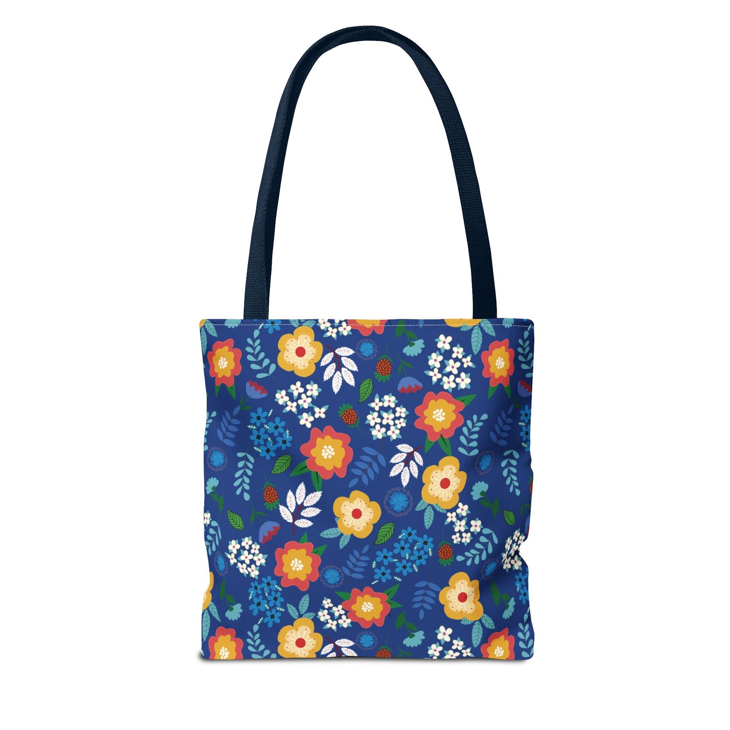 Floral Tote Bag with navy straps, featuring vibrant red, yellow, and white blossoms on a royal-blue background. Ideal for summer outings, reflecting FireBrook Designs' commitment to joyful, stylish essentials.