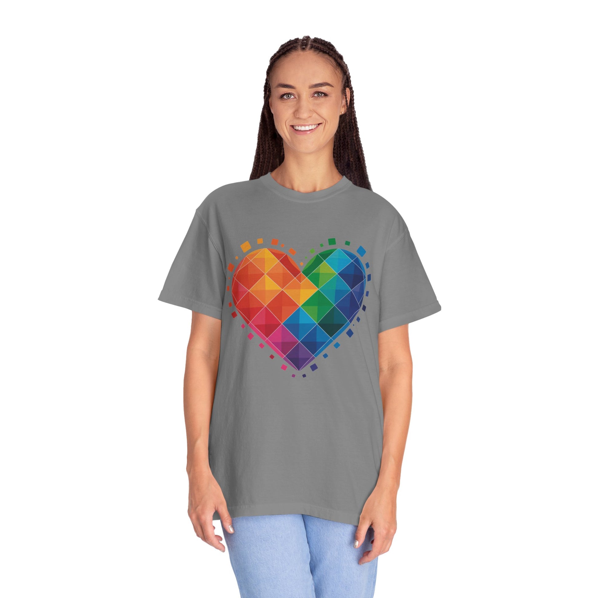 Rainbow Geometric Heart T-Shirt featuring a dynamic heart-shaped design with overlapping translucent squares in a vibrant rainbow gradient, ideal for casual or special occasions, embodying FireBrook Essentials' uplifting style.