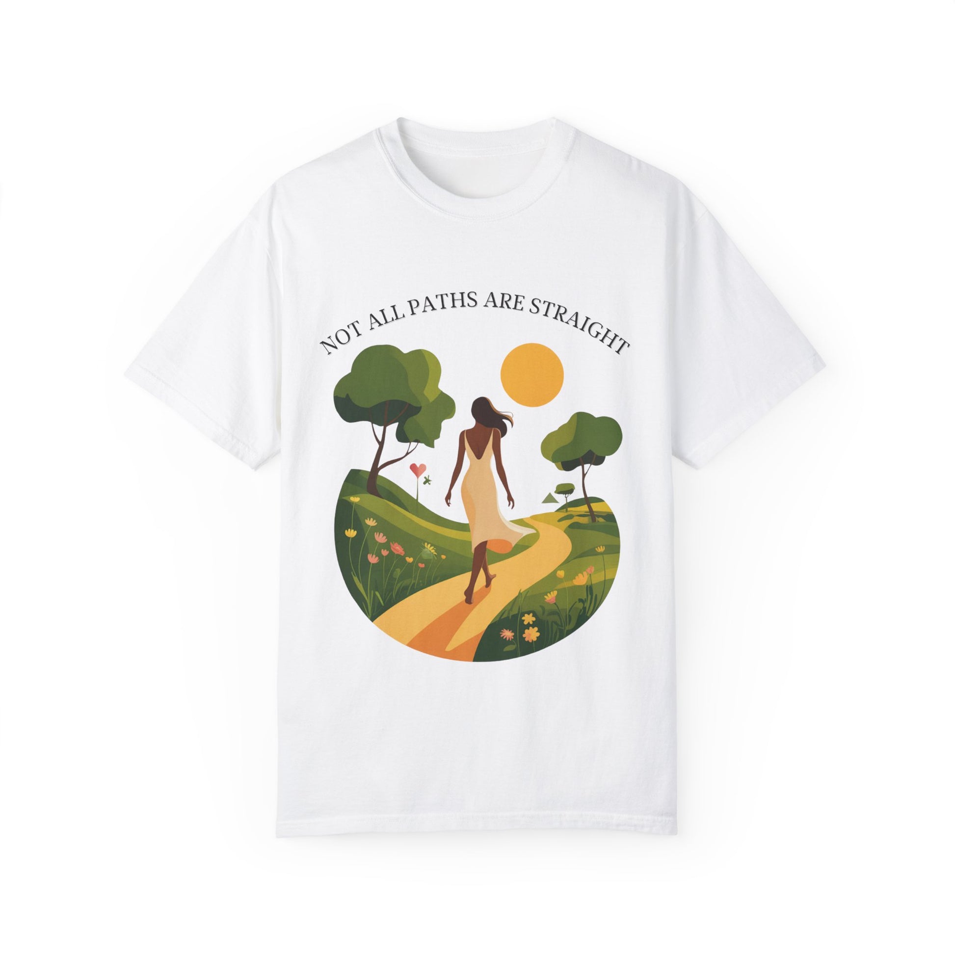Not All Paths Are Straight Inspirational Comfort Colors Unisex T-Shirt features a woman walking on a path. The design embodies the uplifting spirit of FireBrook Essentials, offering comfort and style for everyday wear.
