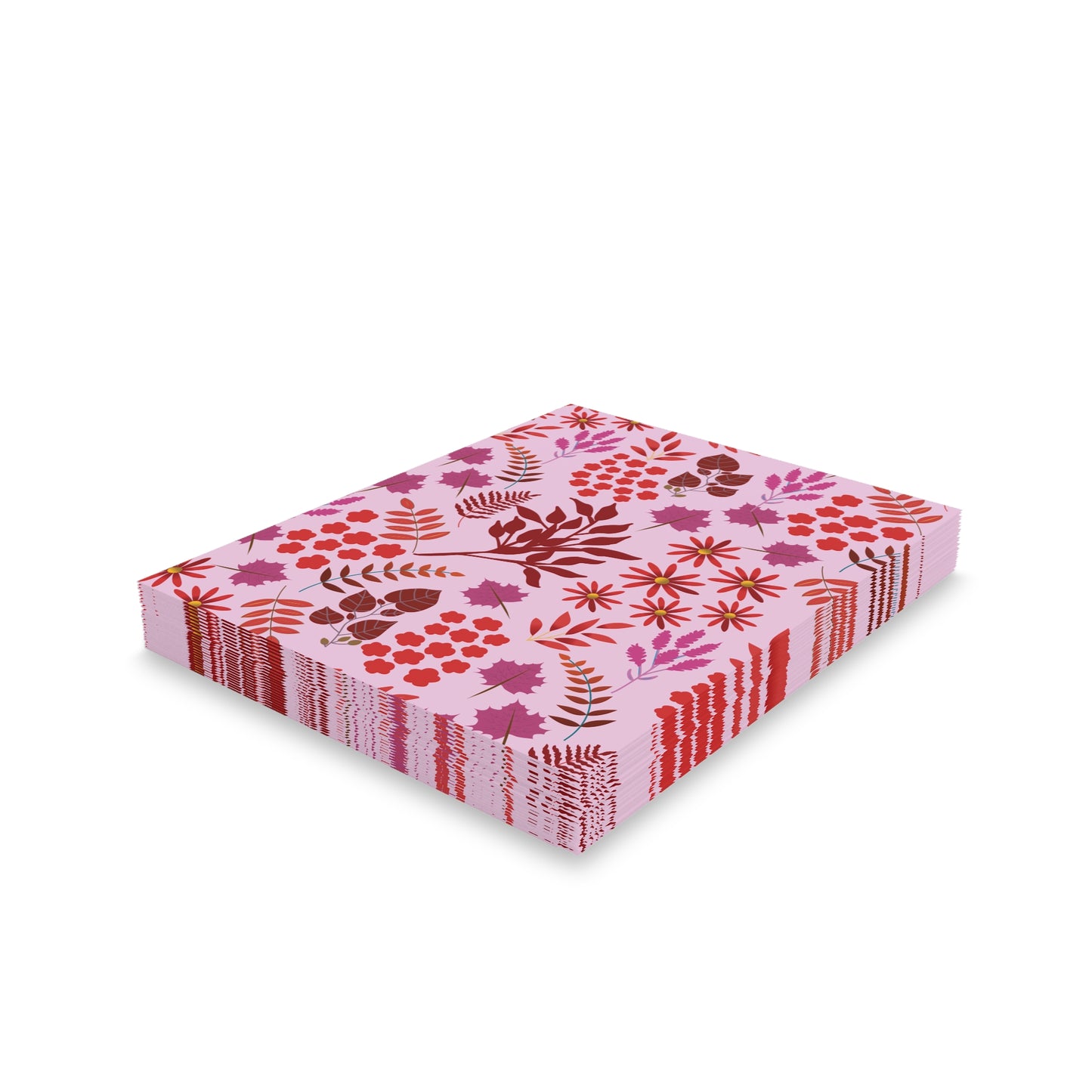 Greeting Cards — Pack of 8/16/24, featuring a neat stack of cards with a floral-and-foliage motif, perfect for sending gratitude or celebration messages, each with a matching white envelope.