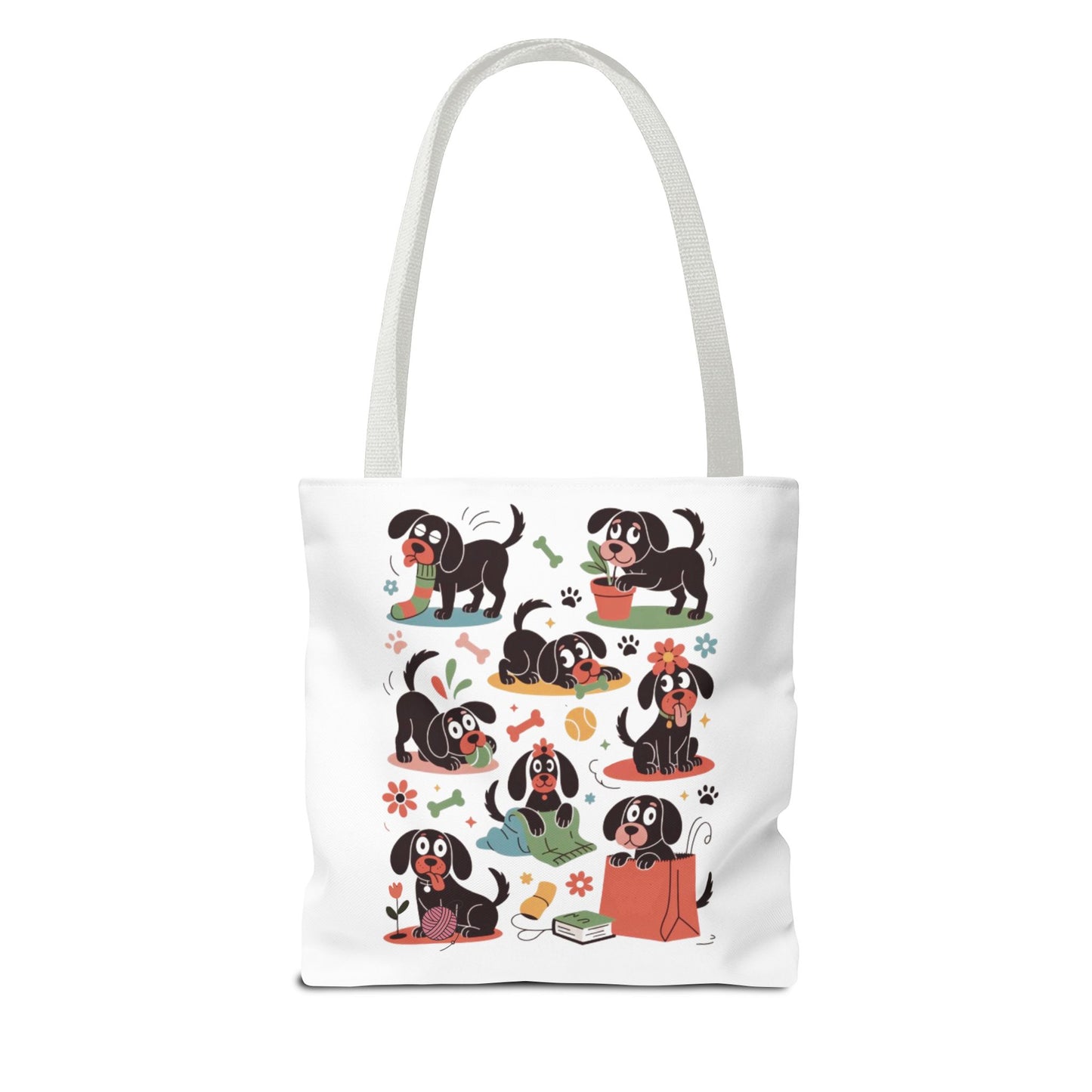 Dog Tote Bag - Playful Cartoon Illustration Design features whimsical drawings of dogs with everyday items, perfect for dog lovers seeking a fun, reusable accessory. Ideal for shopping or gifting.