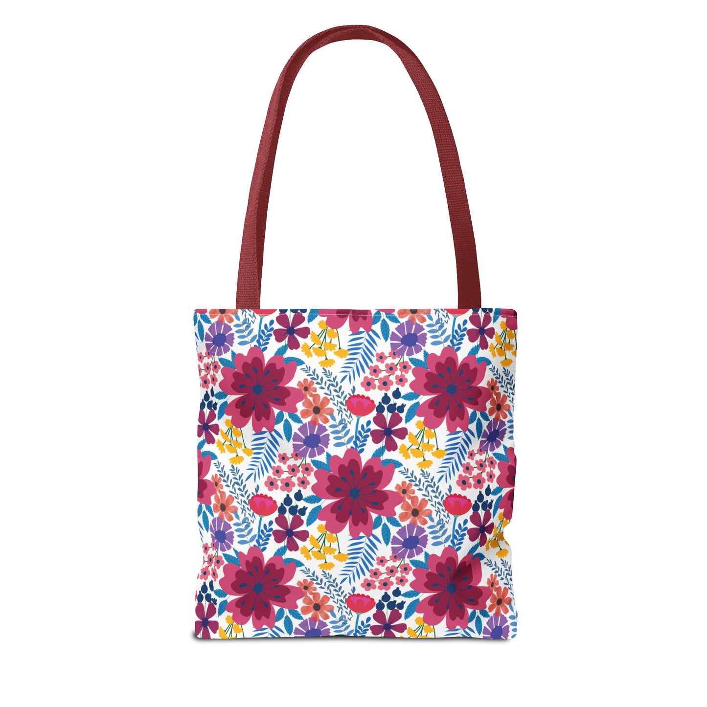 Floral Tote Bag with burgundy handles, showcasing a vibrant floral pattern in fuchsia-red, purple, yellow, and teal on white. Ideal for brightening summer outings, embodying FireBrook Designs' cheerful and stylish essence.