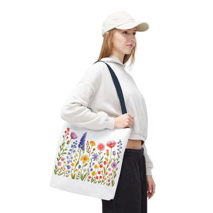 Wildflowers Tote Bag featuring a vibrant wildflower design, reflecting a natural and free-spirited vibe. Ideal for everyday use with durable polyester, reinforced handles, and customizable handle colors, perfect for nature enthusiasts.