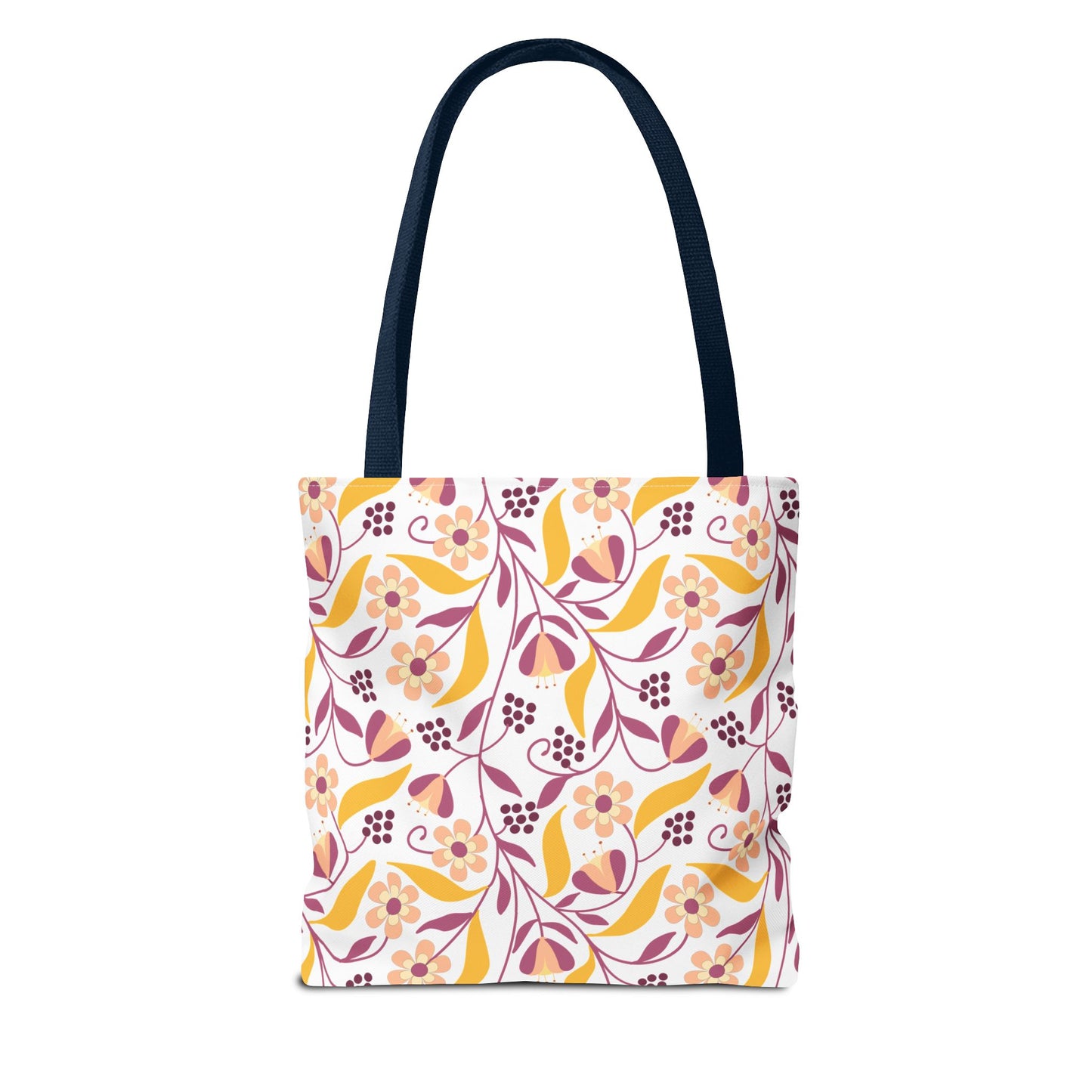Golden Paisley Floral Tote Bag with navy straps features vibrant floral-vine print in peach, pink, mustard, and burgundy on white. Ideal for summer outings, featuring durable polyester and reinforced handles.
