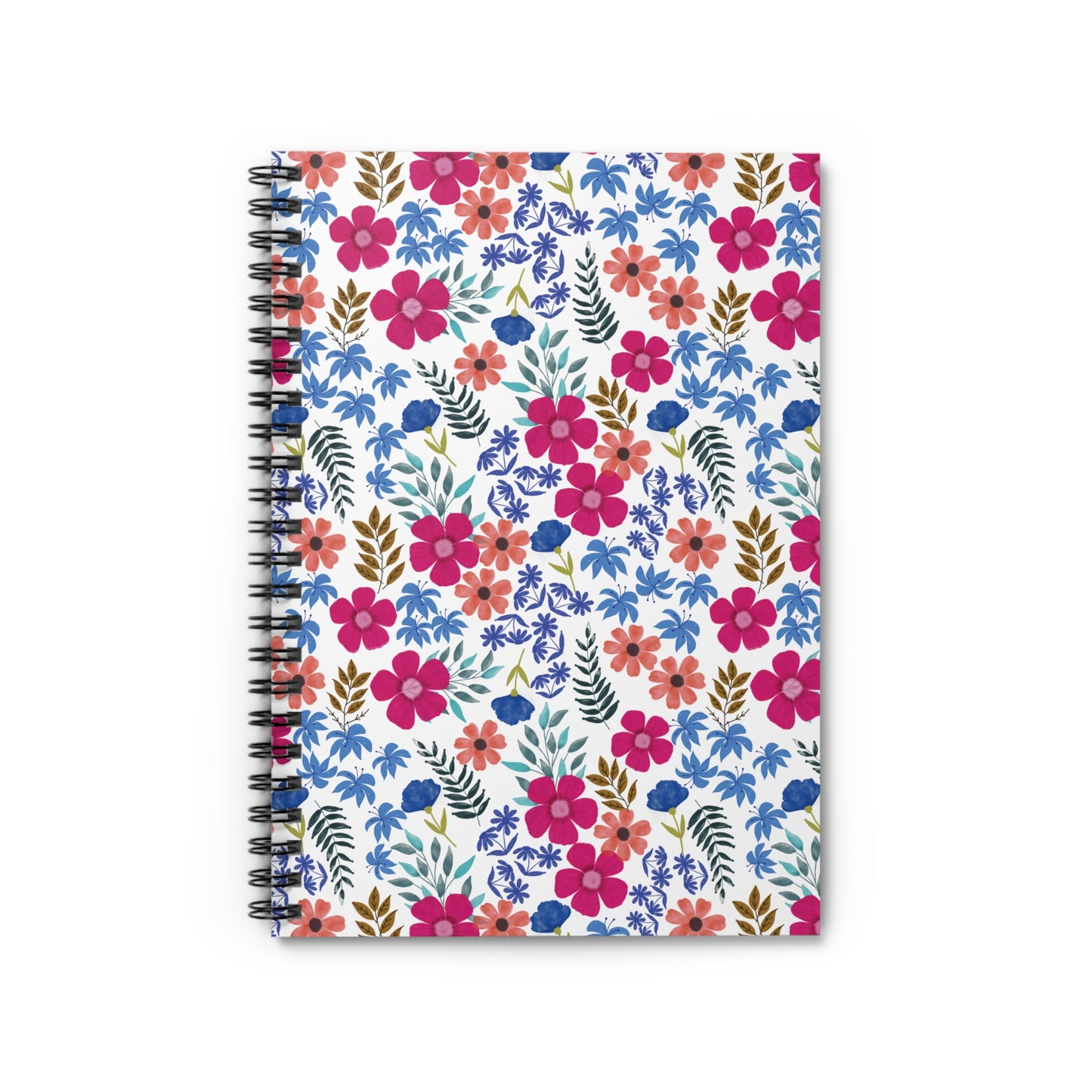 Floral Spiral Notebook with hand-painted style flowers and leaves on a white cover, designed for creativity and organization. Ideal for students and professionals seeking a vibrant, joyful companion for writing and sketching.