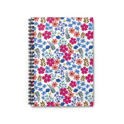 Floral Spiral Notebook with hand-painted style flowers and leaves on a white cover, designed for creativity and organization. Ideal for students and professionals seeking a vibrant, joyful companion for writing and sketching.