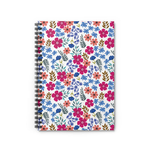 Floral Spiral Notebook with hand-painted style flowers and leaves on a white cover, designed for creativity and organization. Ideal for students and professionals seeking a vibrant, joyful companion for writing and sketching.