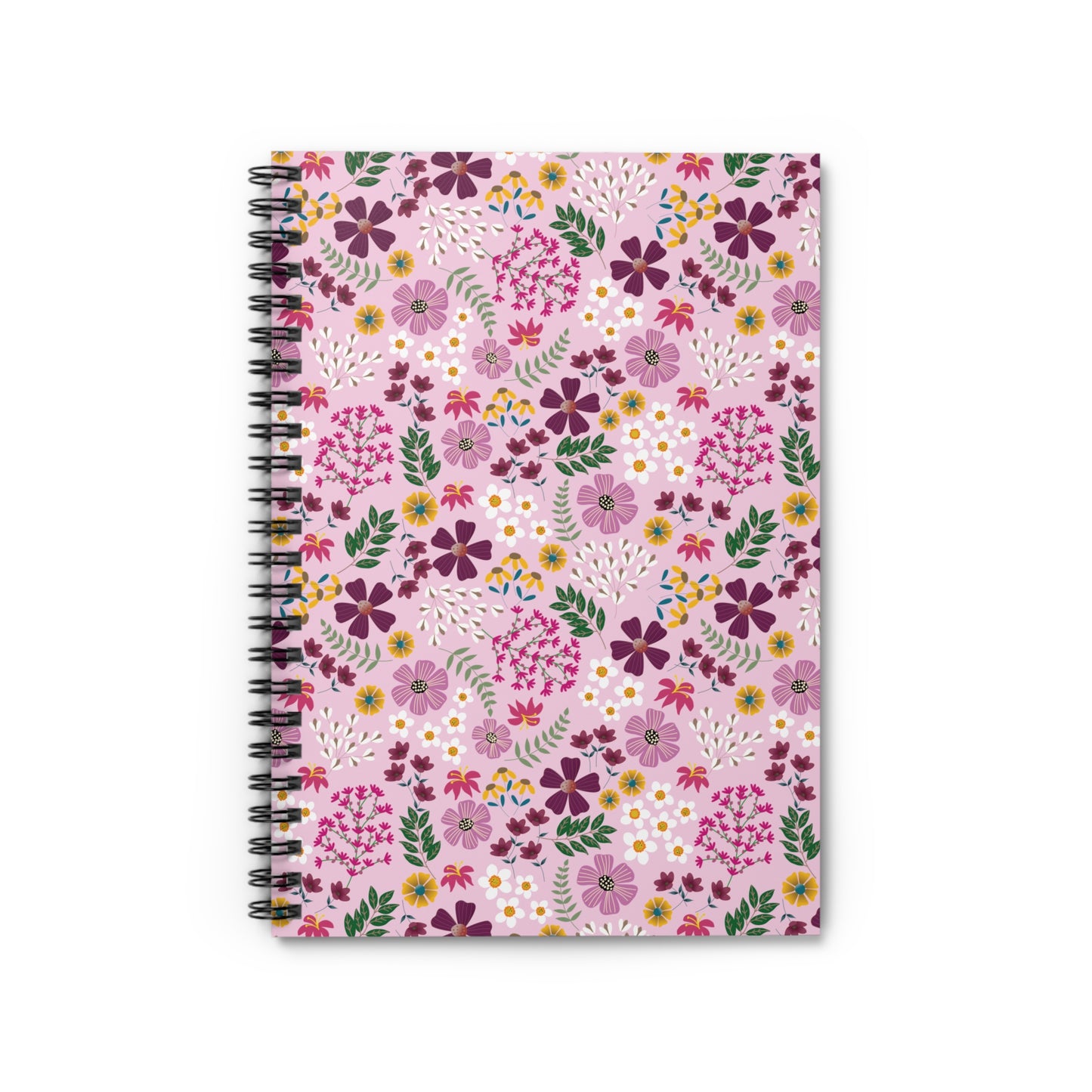 Floral Spiral Notebook featuring vibrant floral patterns with a sleek black spiral binding, designed for easy page turning. Ideal for jotting notes or sketching, it embodies FireBrook Designs' uplifting style.