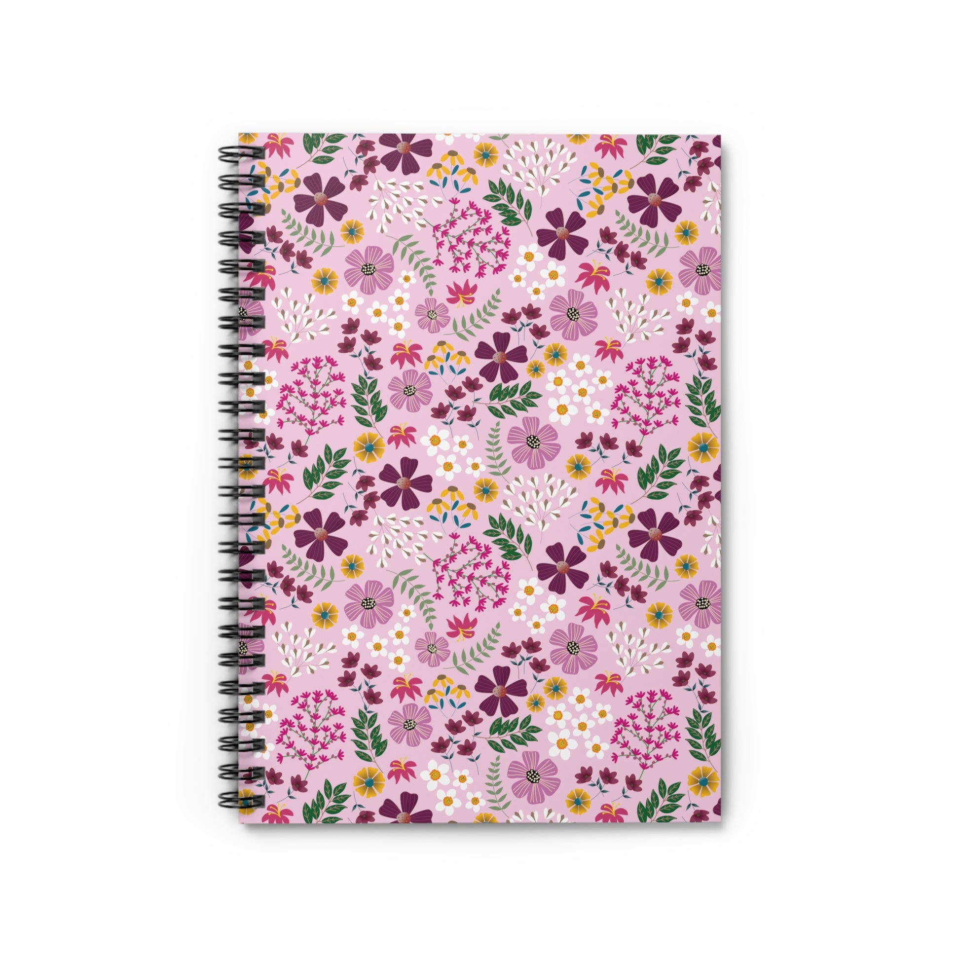 Floral Spiral Notebook featuring vibrant floral patterns with a sleek black spiral binding, designed for easy page turning. Ideal for jotting notes or sketching, it embodies FireBrook Designs' uplifting style.