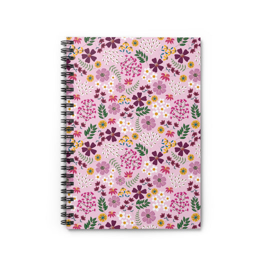 Floral Spiral Notebook featuring vibrant floral patterns with a sleek black spiral binding, designed for easy page turning. Ideal for jotting notes or sketching, it embodies FireBrook Designs' uplifting style.