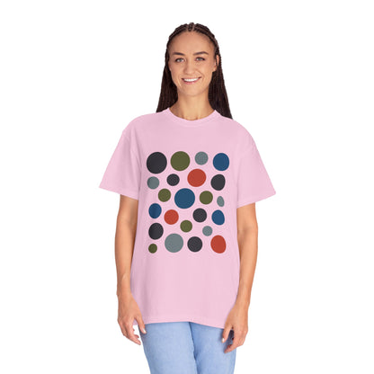 Abstract Circle Design in Modern Muted Tones T-Shirt featuring a unique, artistic arrangement of varied circles, showcasing stylish comfort with double-needle stitching and garment-dyed fabric for durability and softness.
