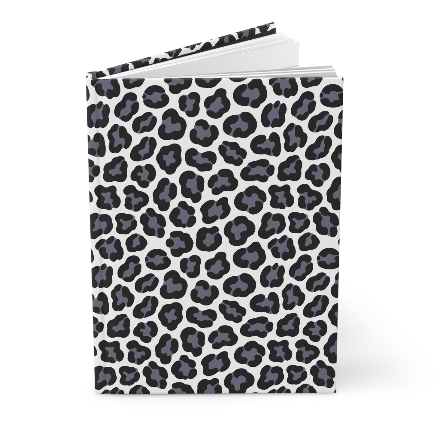 HARDCOVER JOURNAL, MATTE, RULED, 5X7, SEWN BIND, CLEAN-TEAR PAGES – LEOPARD: A stylish black-and-gray leopard spot cover on white, slightly open, revealing blank pages within.