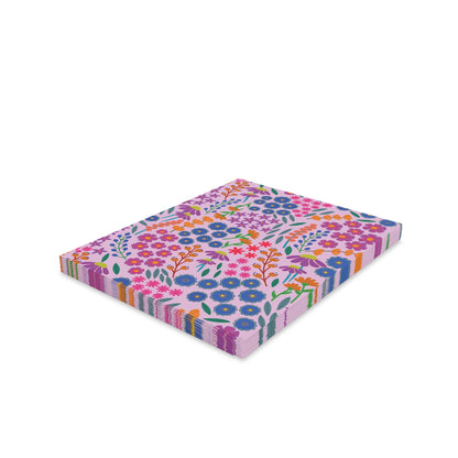 Floral Greeting Cards — Pack of 8/16/24 featuring vibrant floral patterns on light pink backgrounds, showcasing stylized flowers and green leaves, neatly stacked, each card paired with a matching white envelope.