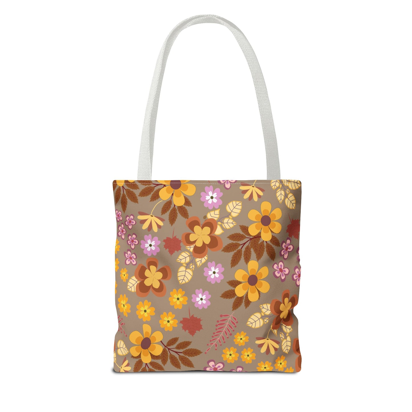Harvest Brown Bloom Tote Bag featuring a vibrant autumnal floral design with large orange, yellow, and brown flowers on a light brown background. Ideal for summer outings and market trips, reflecting FireBrook Essentials' uplifting style.