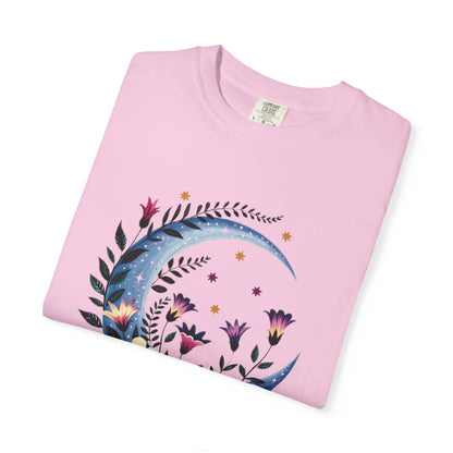 Crescent Moon Floral T-Shirt with a bohemian, dreamy design, embodying FireBrook Essentials' uplifting style. Features relaxed fit and crew neckline, perfect for nature lovers seeking comfort and unique fashion.