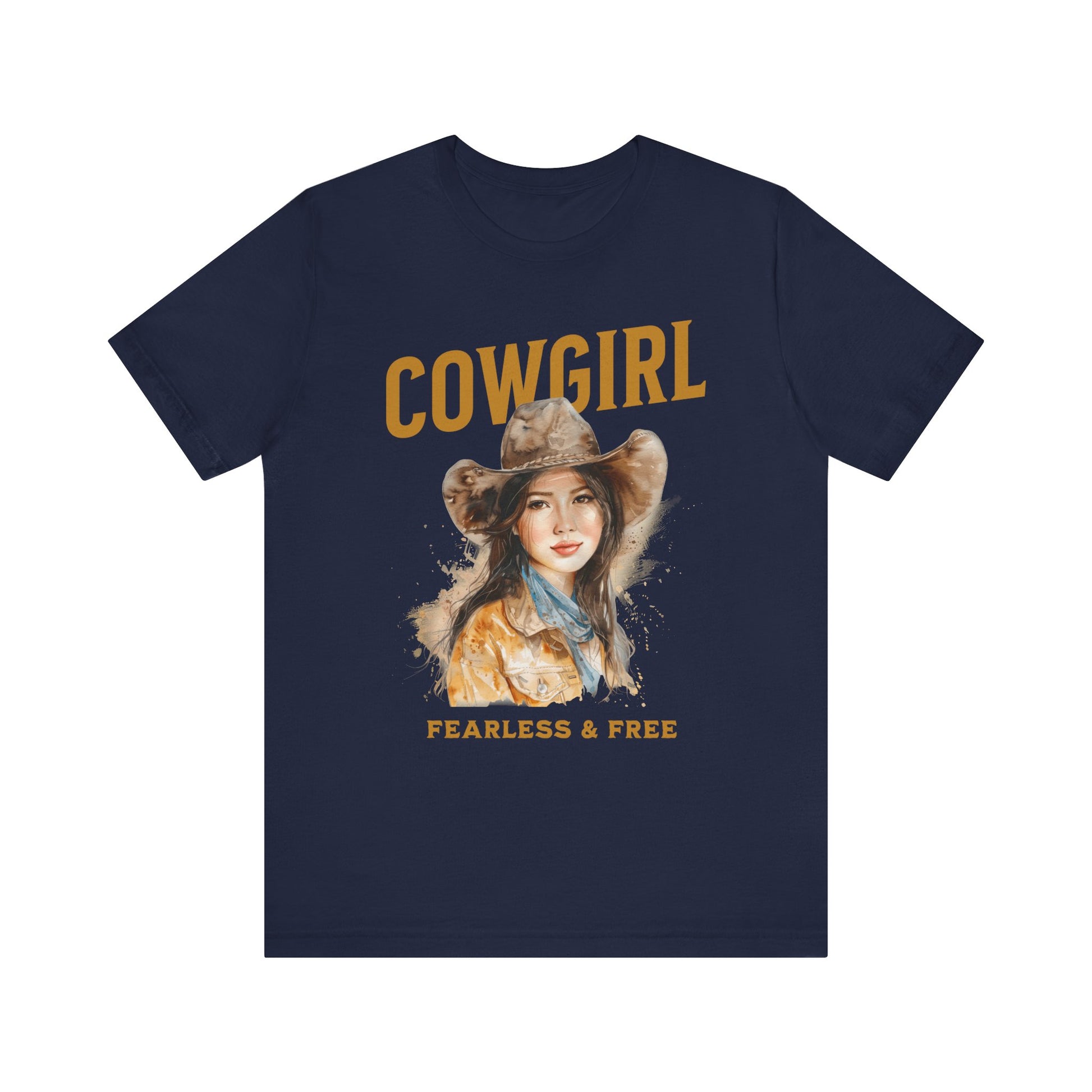 Cowgirl Fearless and Free Bella+Canvas Unisex T-Shirt featuring a woman in a cowboy hat, embodying Western spirit. Ideal for casual or semi-formal wear, promoting comfort and style from FireBrook Essentials.