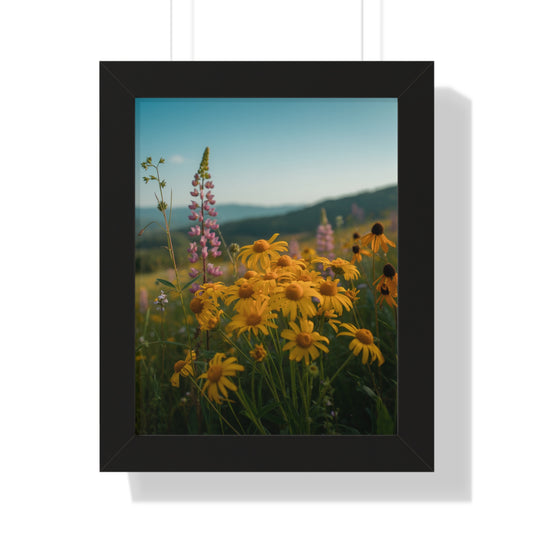 Vertical Poster - Mountain Flowers Design features a close-up of a vibrant yellow flower, elegantly framed, ideal for enhancing home decor with nature's serene beauty. Perfect for nature enthusiasts and peaceful spaces.