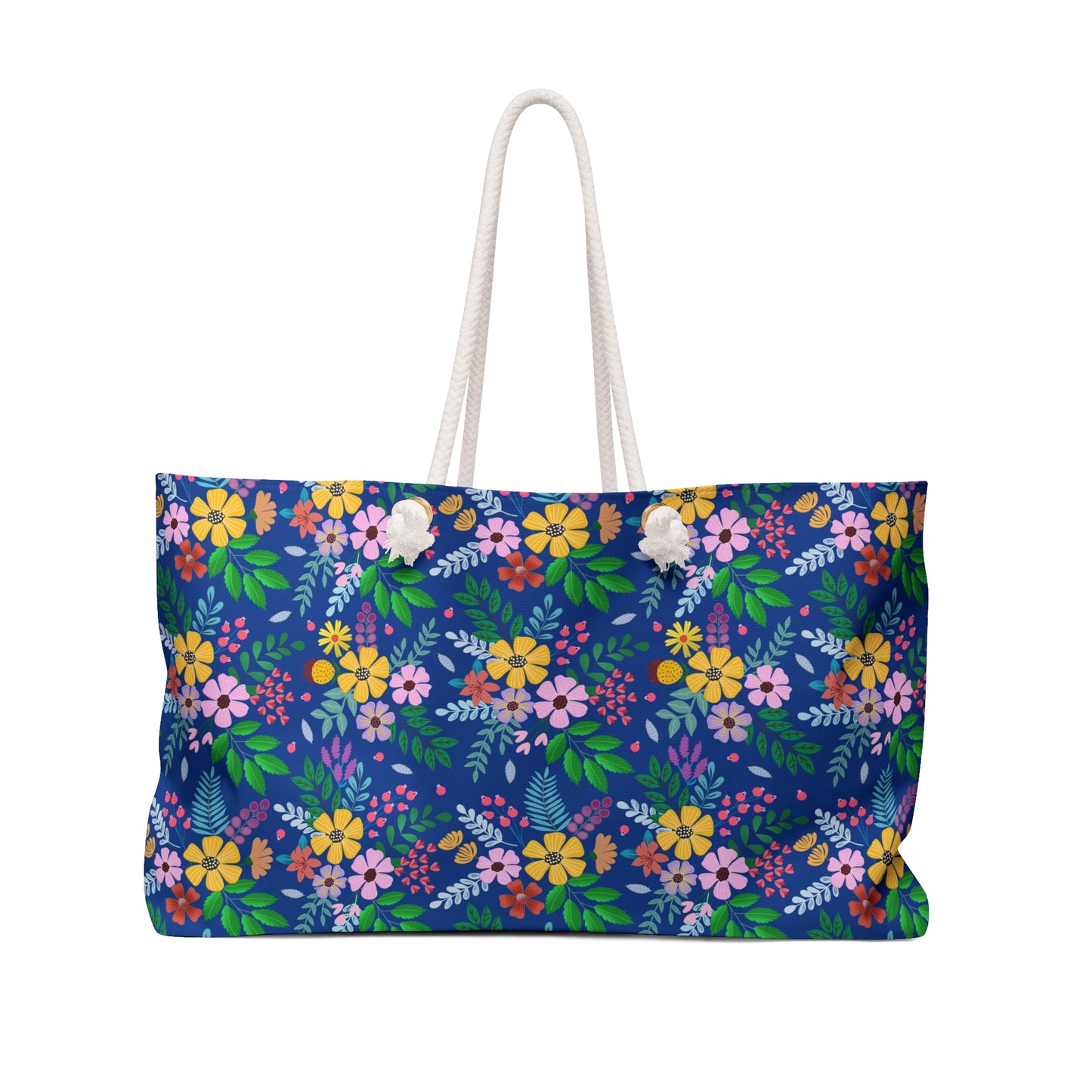Weekender Bag: A large navy-blue tote with vibrant floral patterns and sturdy white rope handles, perfect for stylish travel. Spacious interior and durable design enhance your joyful and comfortable journeys.
